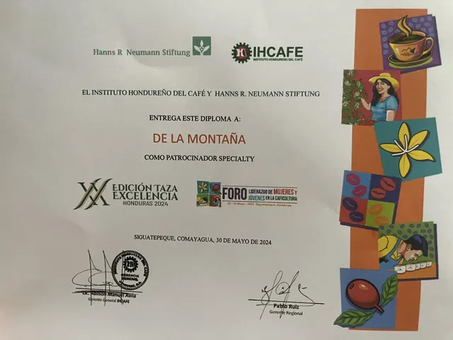 Diploma del IHCAFE a De la Montaña como patrocinador Specialty