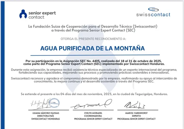 Reconocimiento de Swisscontact a Agua Purificada de la Montaña